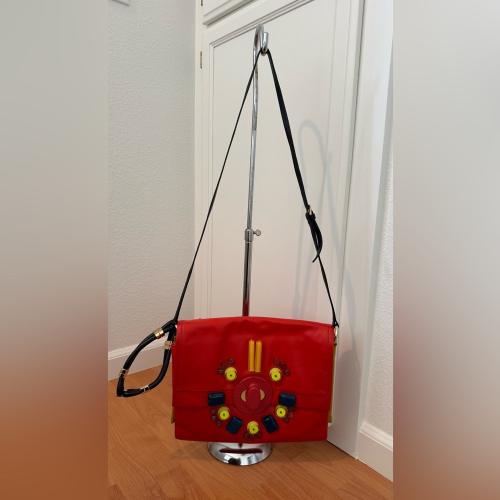 Maliparmi Red Crossbody Bag with Multicolor Stud Accents